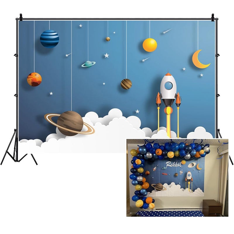 DORCEV 7x5ft Cartoon Spaceship Photography Backdrop Kids Boys Space Theme Birthday Party Background Universe Planet Mysterious Galaxy School Activity Pupils Shoots Video Props - Image 1